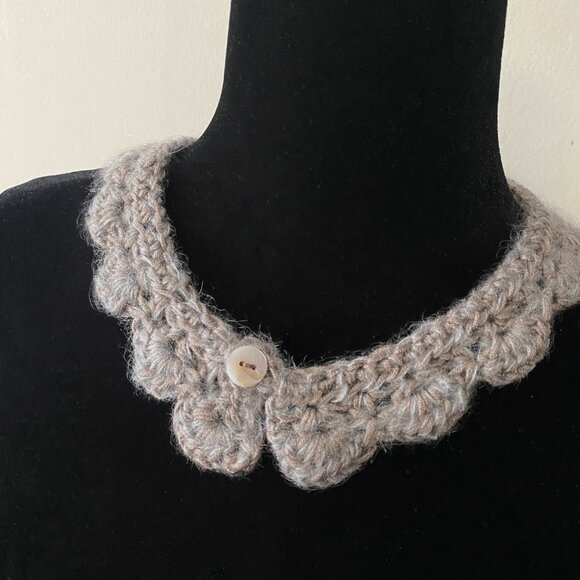 Handmade Crochet Taupe Silvery Blue Poly Mohair Wool Collar Neckwear Accessory - Picture 2 of 6